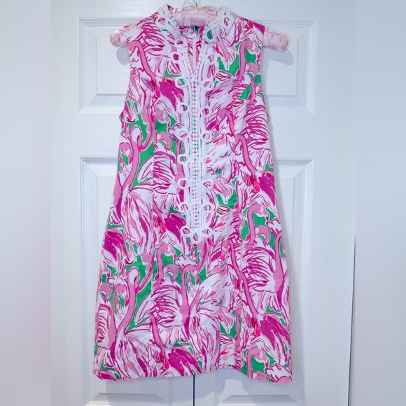 Lilly Pulitzer Alexa Shift Dress Flamingo Pink Green White Lace Size 0 - Picture 2 of 14